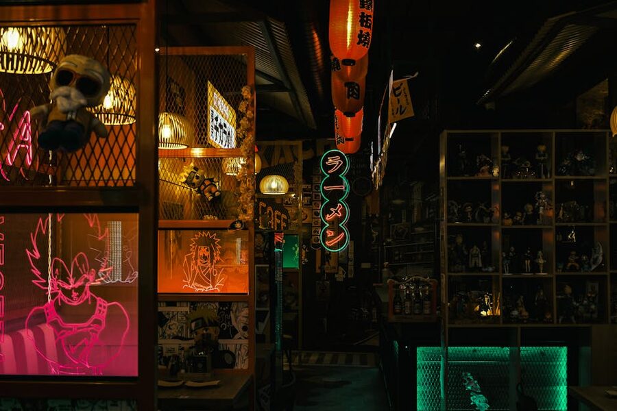 A Tokyo ramen diner with neon signs at night