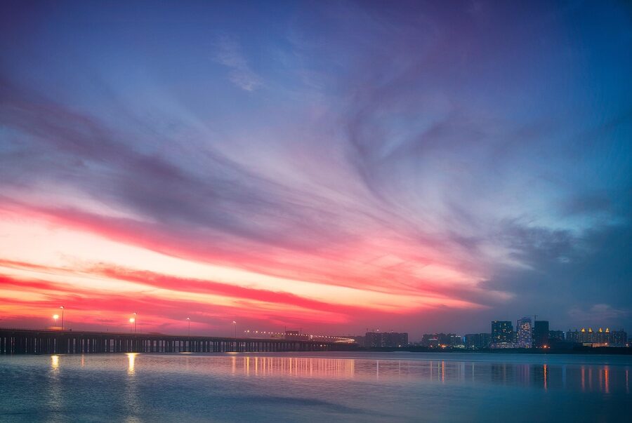 Shenzhen Bay at sunset with dramatic sky