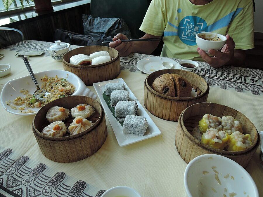 Dim sum spread in a Cantonese restaurant