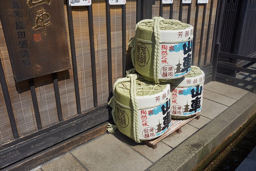 Sake barrels outside Takayama brewery
