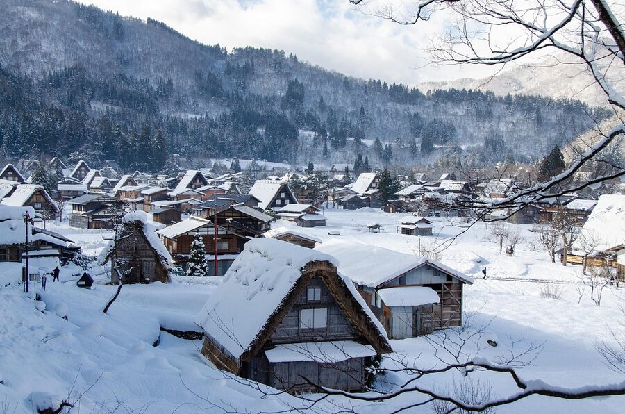 Shirakawa-go thatched farmhouses in snow