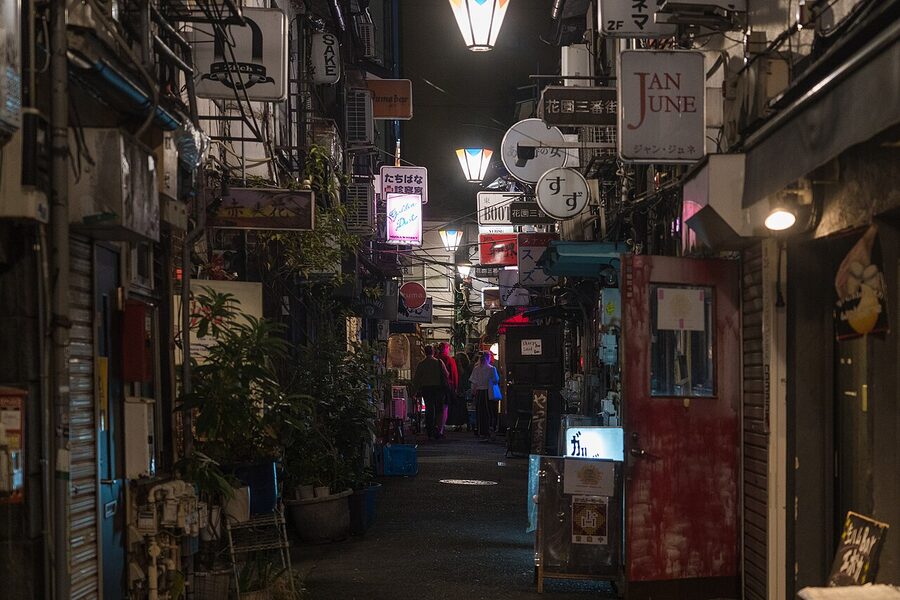 Shinjuku Golden Gai alley at night with neon and lanterns