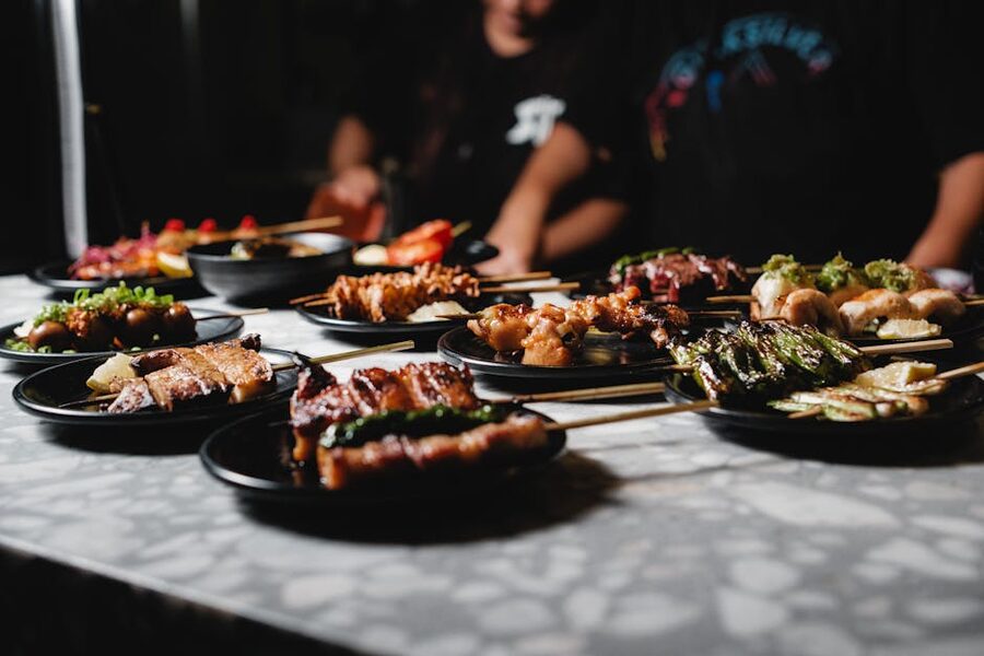 A plate of Japanese yakitori skewers