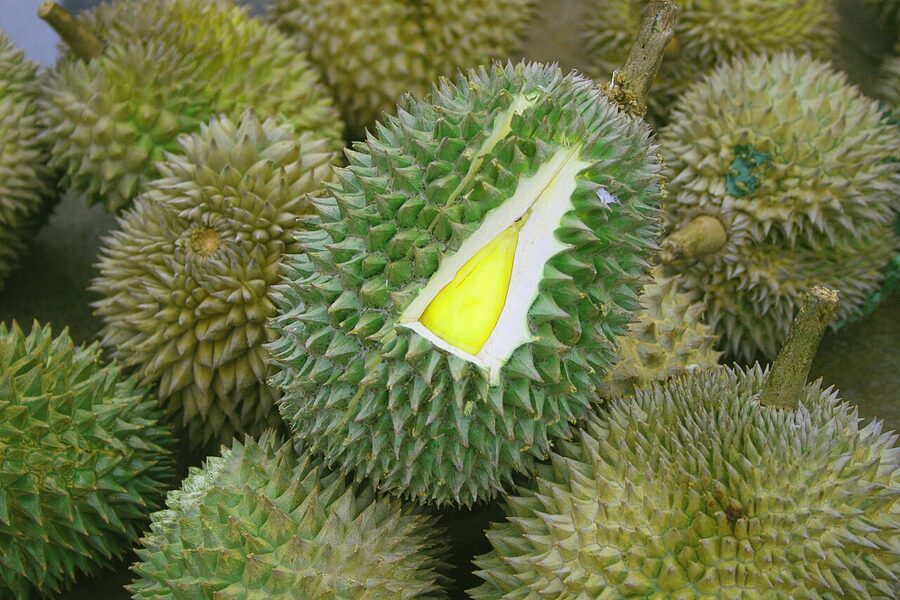 Durian stall in Air Itam, Penang with open fruit on display