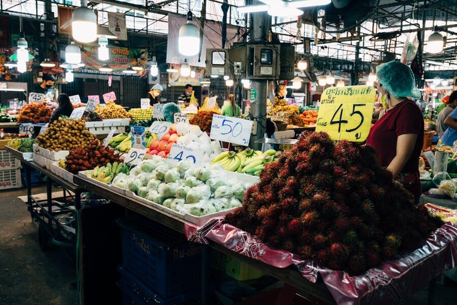 Mixed fruit stall at a Southeast Asian market