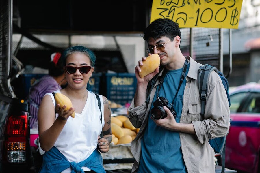 Mango vendor at a roadside fruit stall