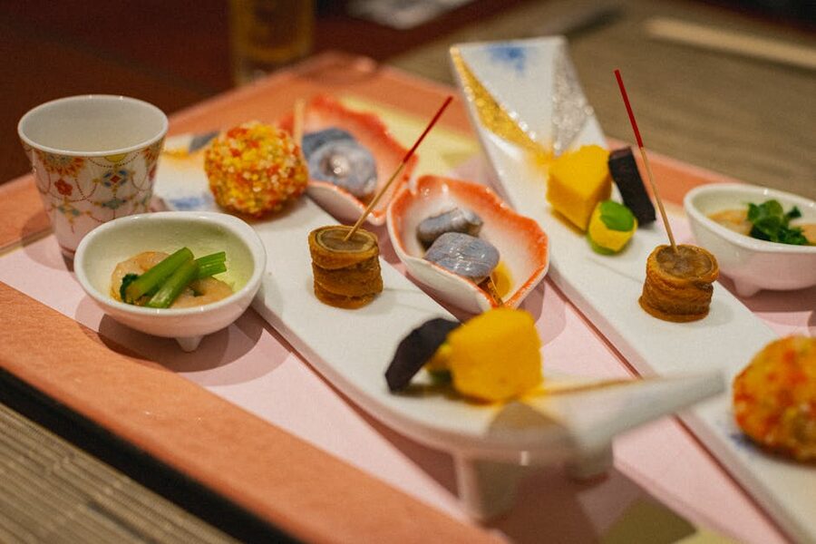Kaiseki multi-course Japanese meal with seasonal garnishes