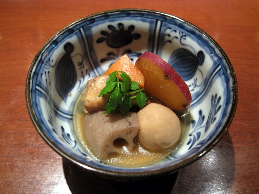 Obanzai seasonal vegetable dishes served counter-style in a Kyoto obanzai restaurant