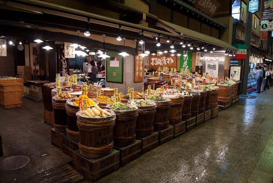 Stacks of tsukemono Japanese pickles for sale at Nishiki Market, Kyoto