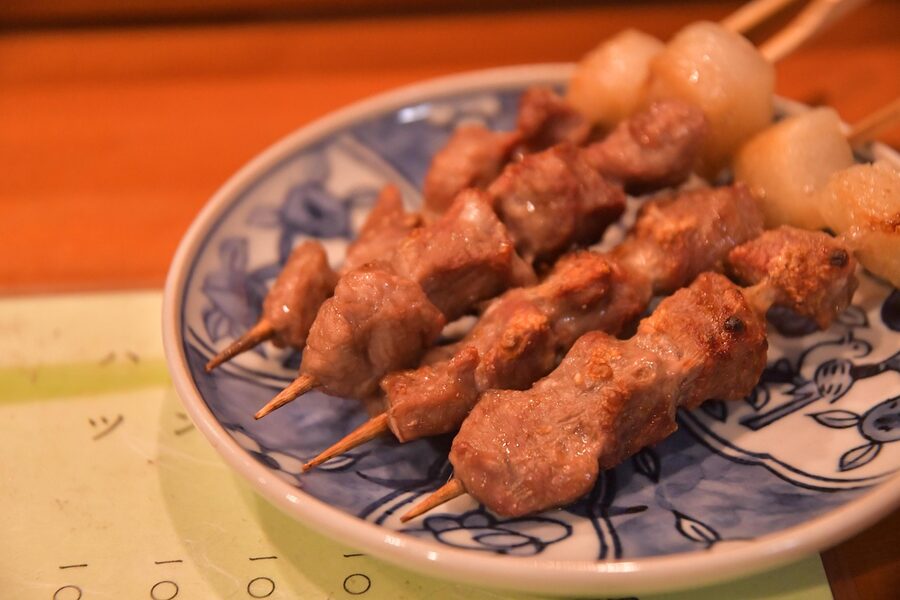 Yakitori chicken skewers at a Japanese izakaya, common on Pontocho and Kiyamachi