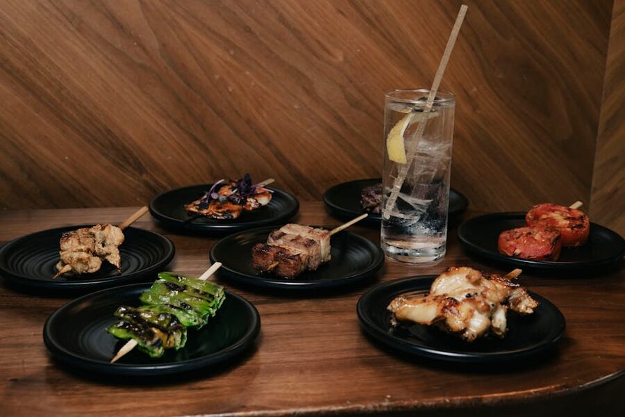 Lineup of yakitori skewers presented at a Tokyo counter