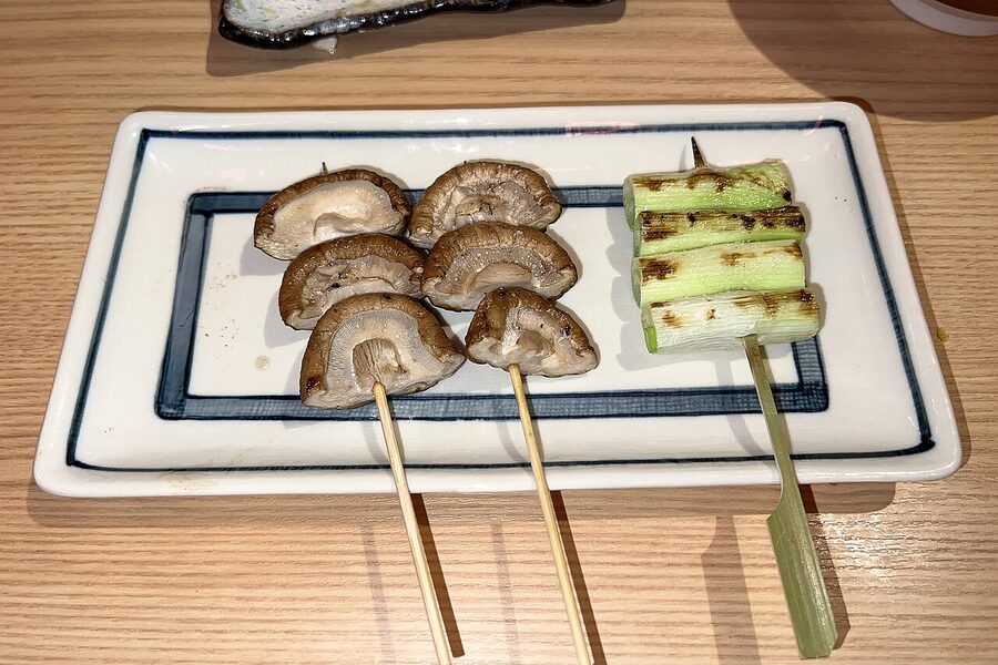 Grilled mushroom and scallion skewers from Torihei-chan