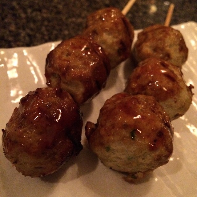 Tsukune, chicken meatball skewer with raw yolk dip