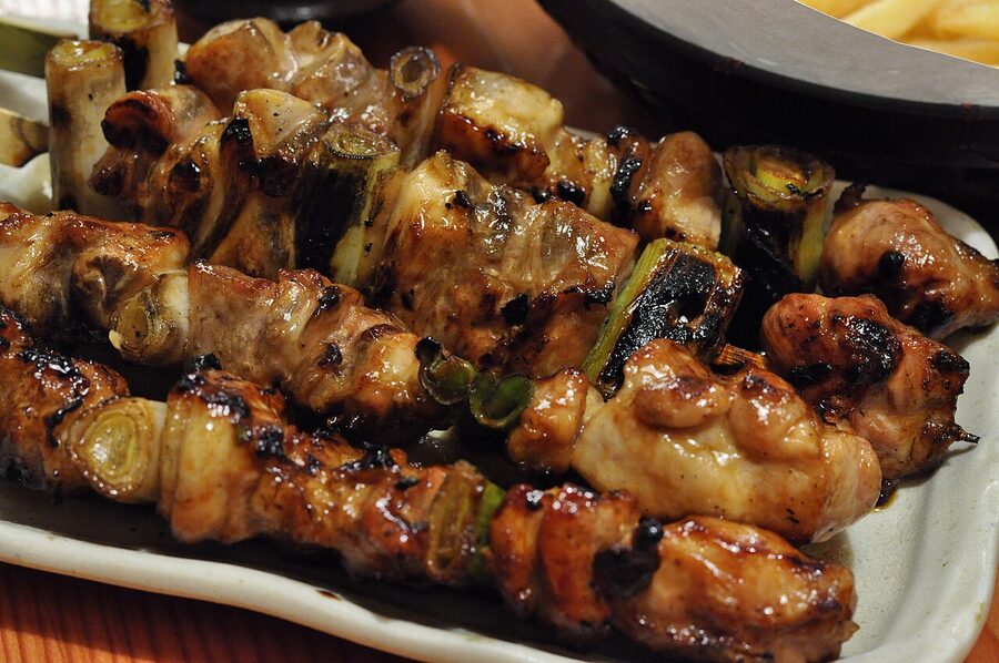 Typical yakitori spread at a Tokyo counter