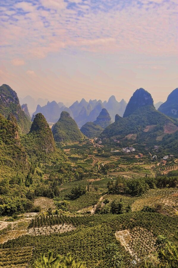 Yangshuo farm fields with karst peaks in the distance