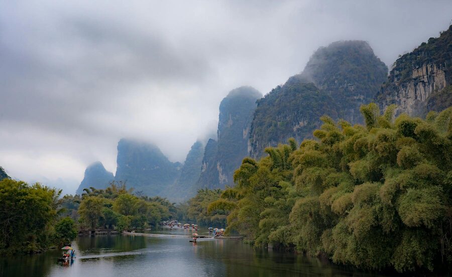Misty karst mountains and river scenery in Guilin