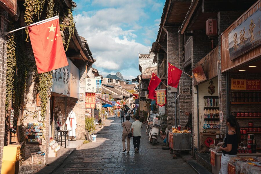 Xingping street market scene with traditional life